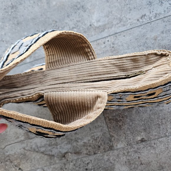 Vintage 1970's Hand Embroidered Burlap and Corduroy Purse - Picture 5 of 8